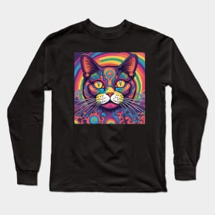 Groovy 70s rainbow colors psychedelic cat Long Sleeve T-Shirt